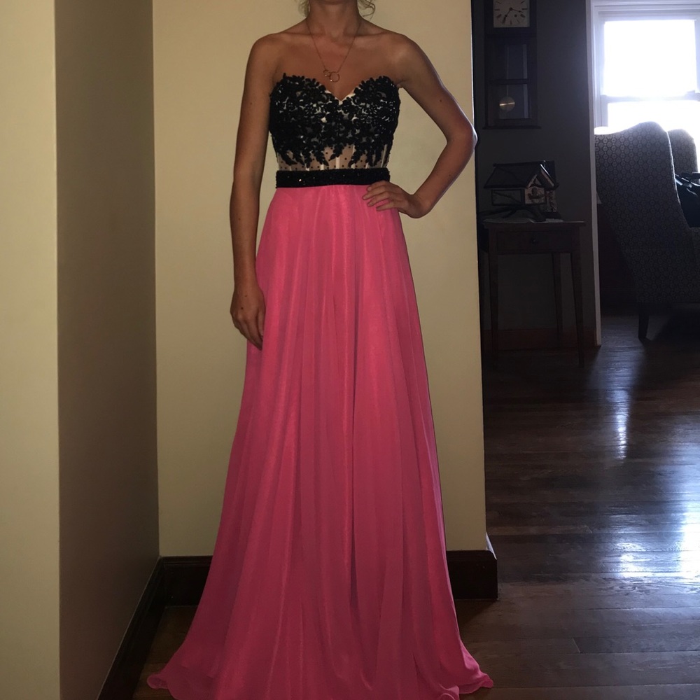 Pink lace prom dress with beading